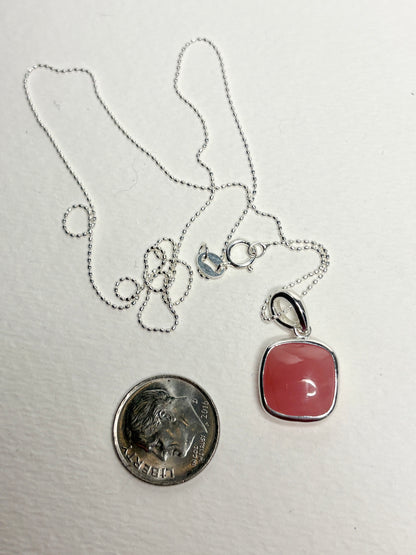 Natural Coral Chalcedony Bezel Pendant Necklace Sterling Silver 18"