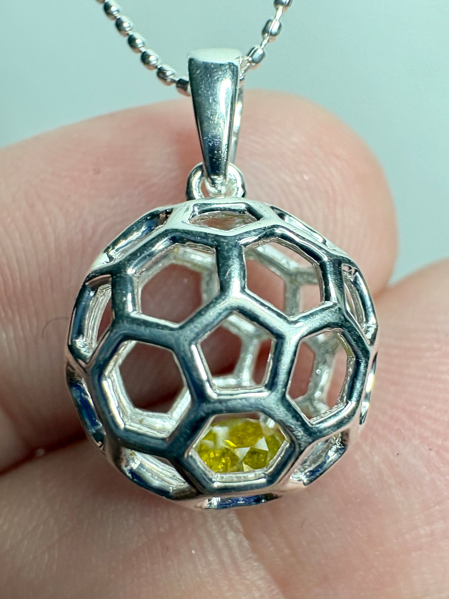 Natural Yellow Diamond in Honey Comb Cage Sterling SIlver Pendant Necklace 18"