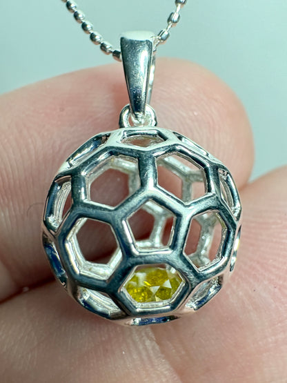 Natural Yellow Diamond in Honey Comb Cage Sterling SIlver Pendant Necklace 18"