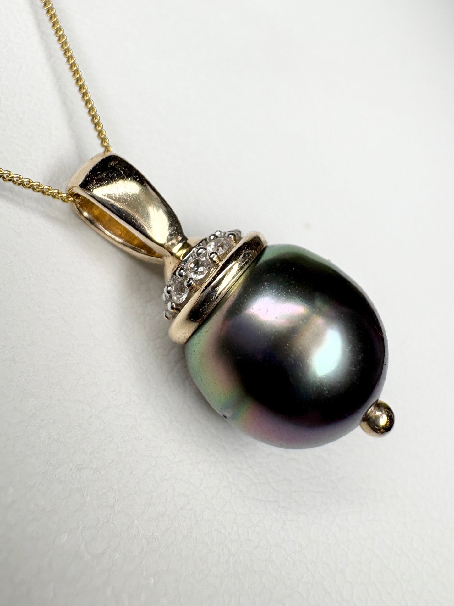 Tahitian Pearl with Zircon Pendant Necklace in Solid 9K Gold 18"