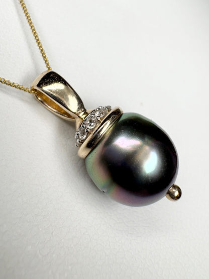 Tahitian Pearl with Zircon Pendant Necklace in Solid 9K Gold 18"