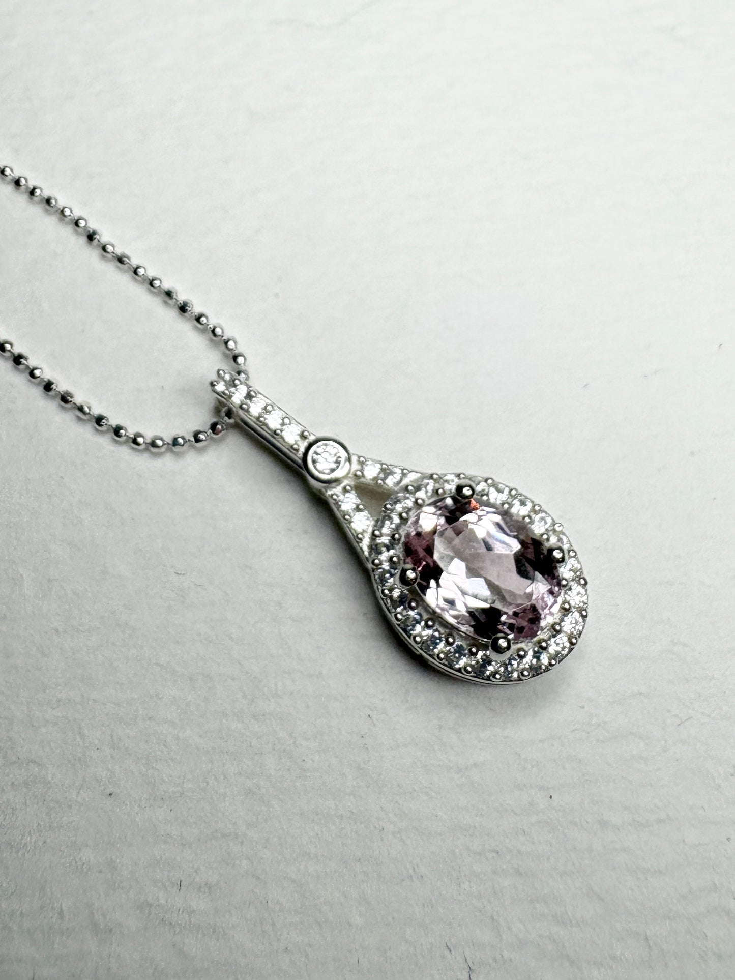 Kunzite and Zircon Halo Drop Pendant Necklace in Sterling Silver 18"