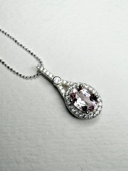 Kunzite and Zircon Halo Drop Pendant Necklace in Sterling Silver 18"