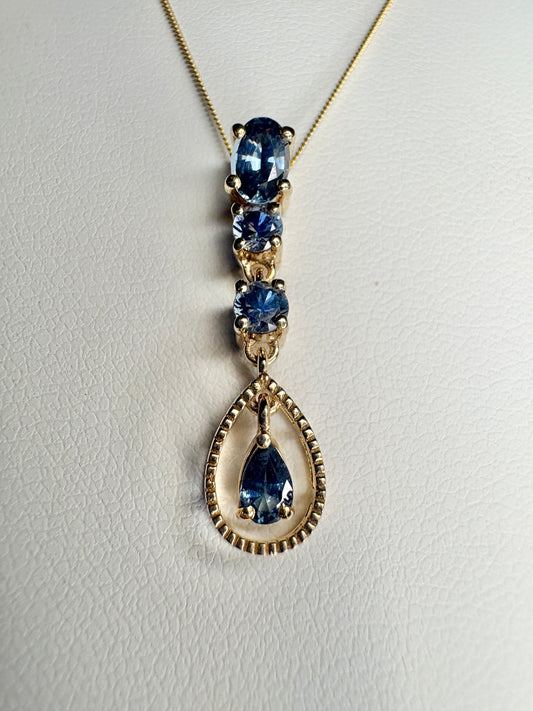 Montana Sapphire Drop Pendant Necklace 9k Gold 18"