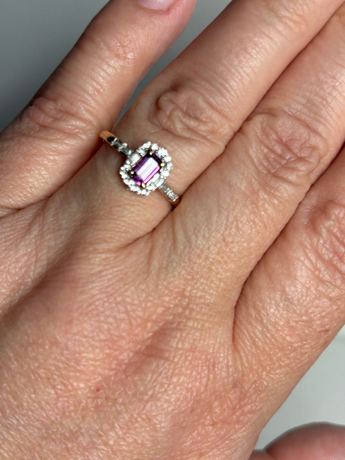 Rhodolite Zircon Halo Ring 9k Gold Size 8