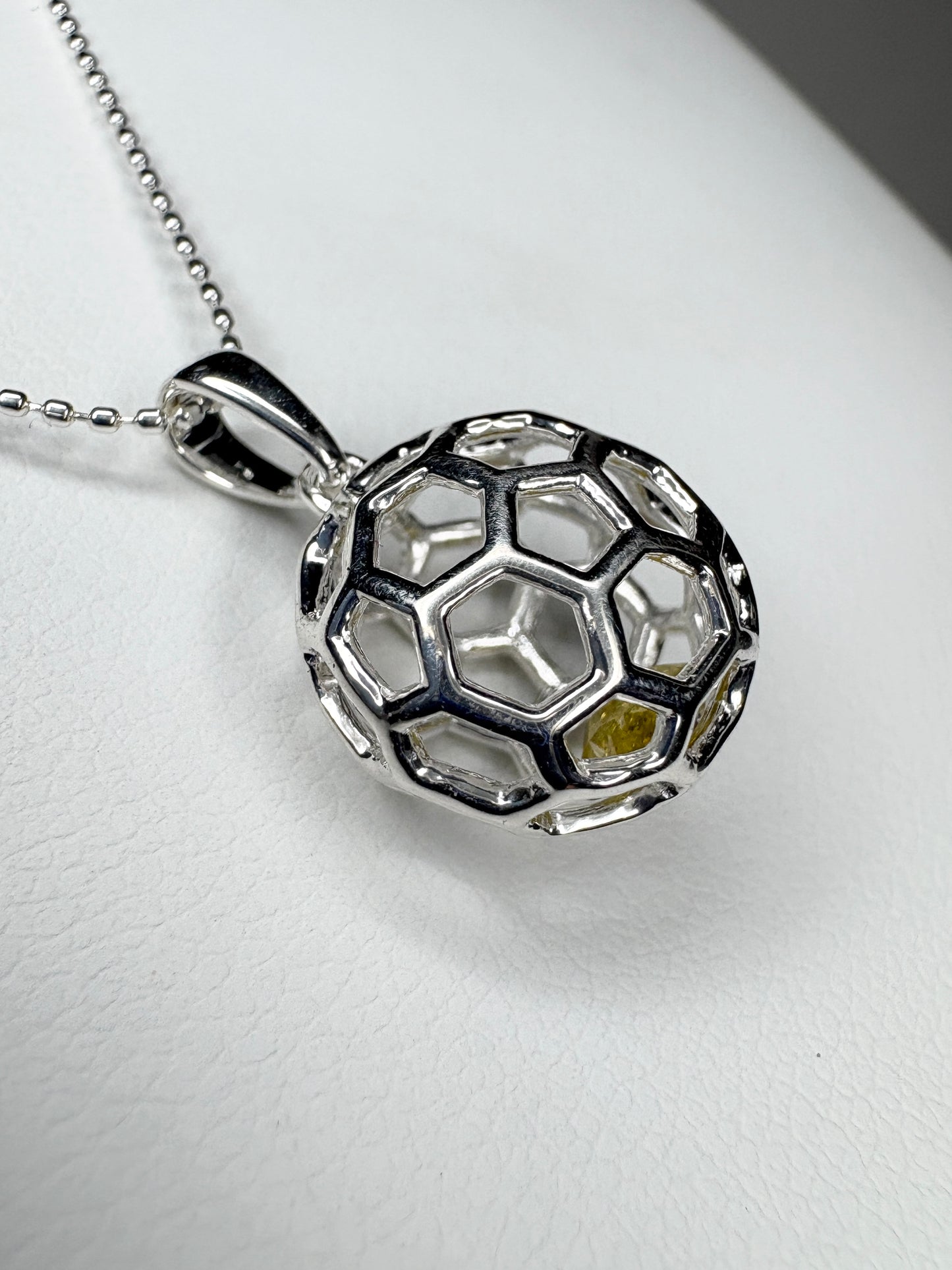 Natural Yellow Diamond in Honey Comb Cage Sterling SIlver Pendant Necklace 18"