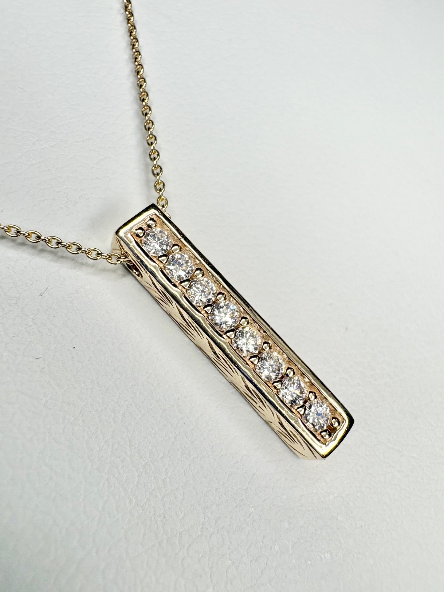 Na Hoku Vertical Diamond Maile Scroll Bar Pendant Necklace in Solid 14k Gold Adjustable Chain 16-18"