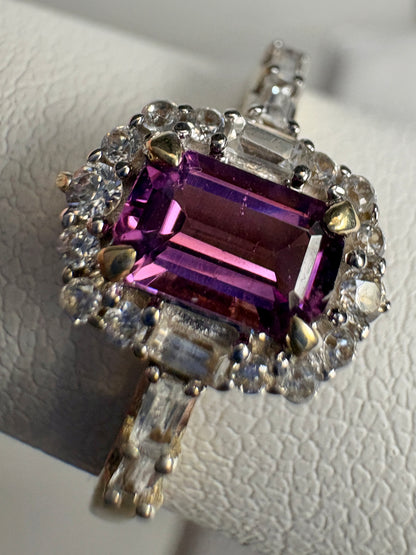 Rhodolite Zircon Halo Ring 9k Gold Size 8