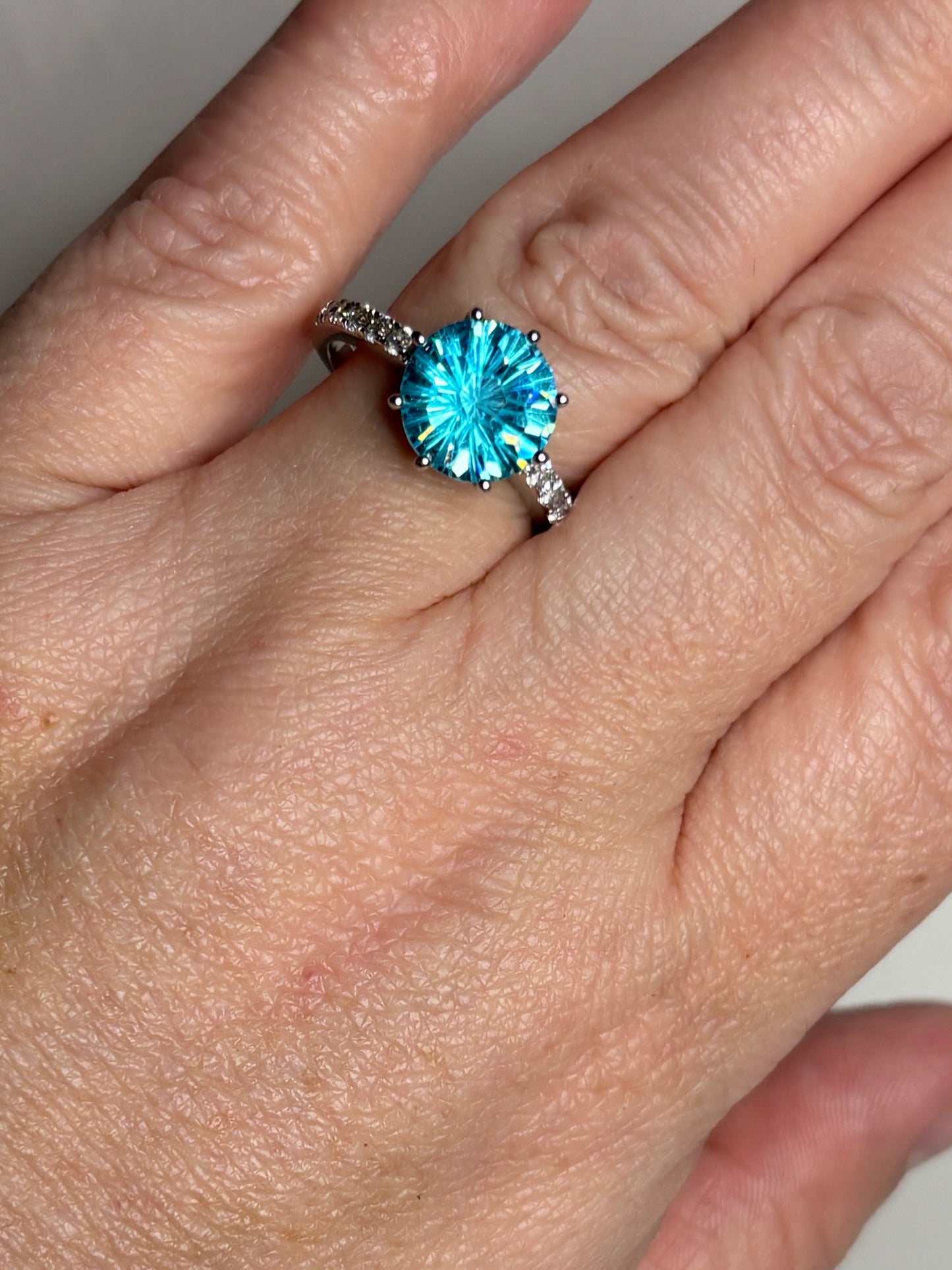 Honeycomb Cut Blue CZ Solitaire Ring in Sterling Silver size 8
