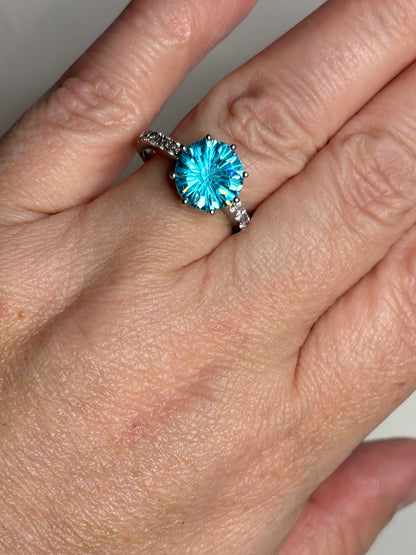 Honeycomb Cut Blue CZ Solitaire Ring in Sterling Silver size 8