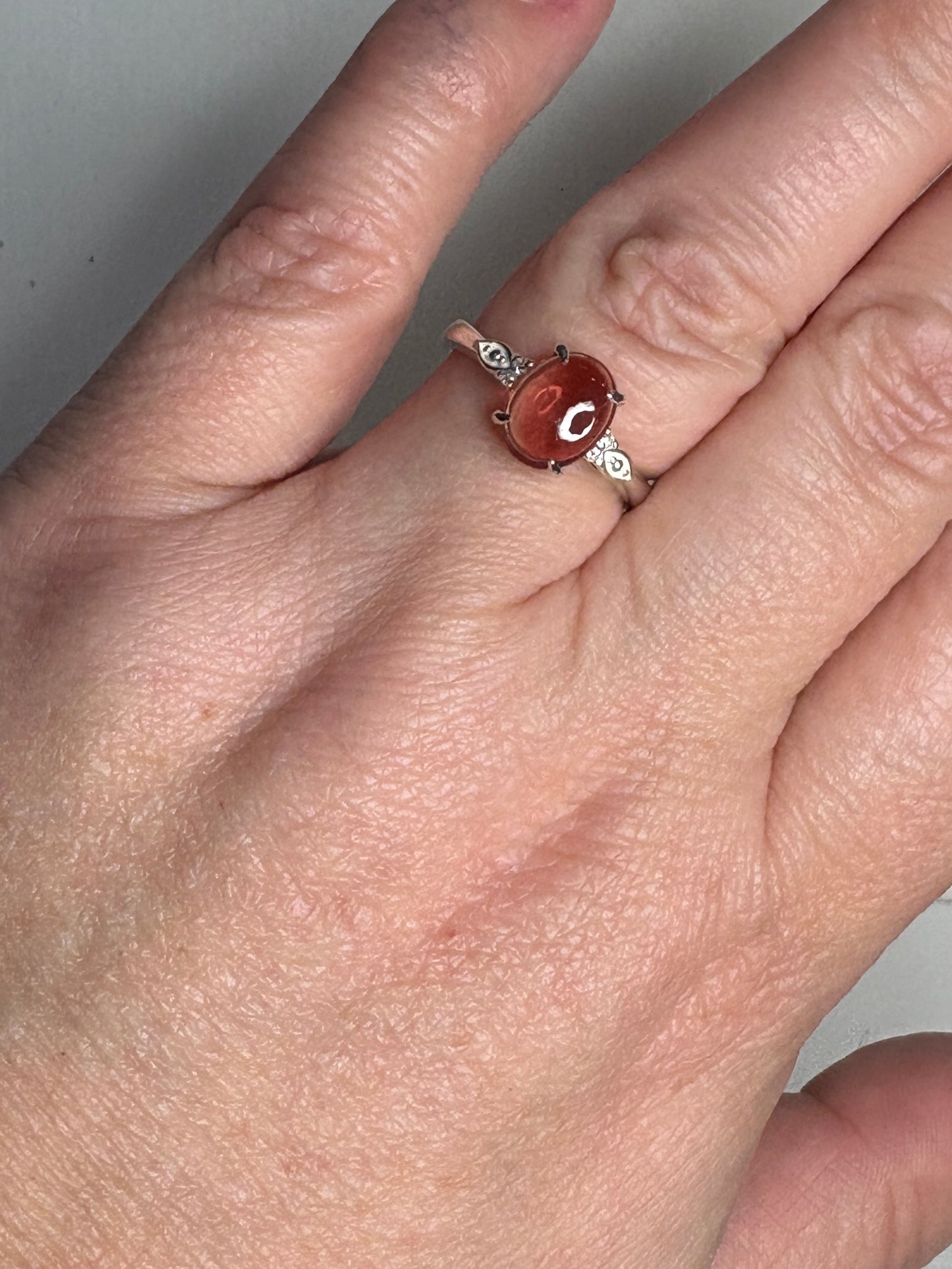 Red Oregon Sunstone Cabochon Ring with Natural Diamonds in Sterling Silver size 7