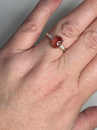Red Oregon Sunstone Cabochon Ring with Natural Diamonds in Sterling Silver size 7