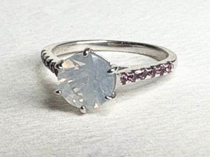 Sterling silver ring with milky white quartz and rhodolite garnets.