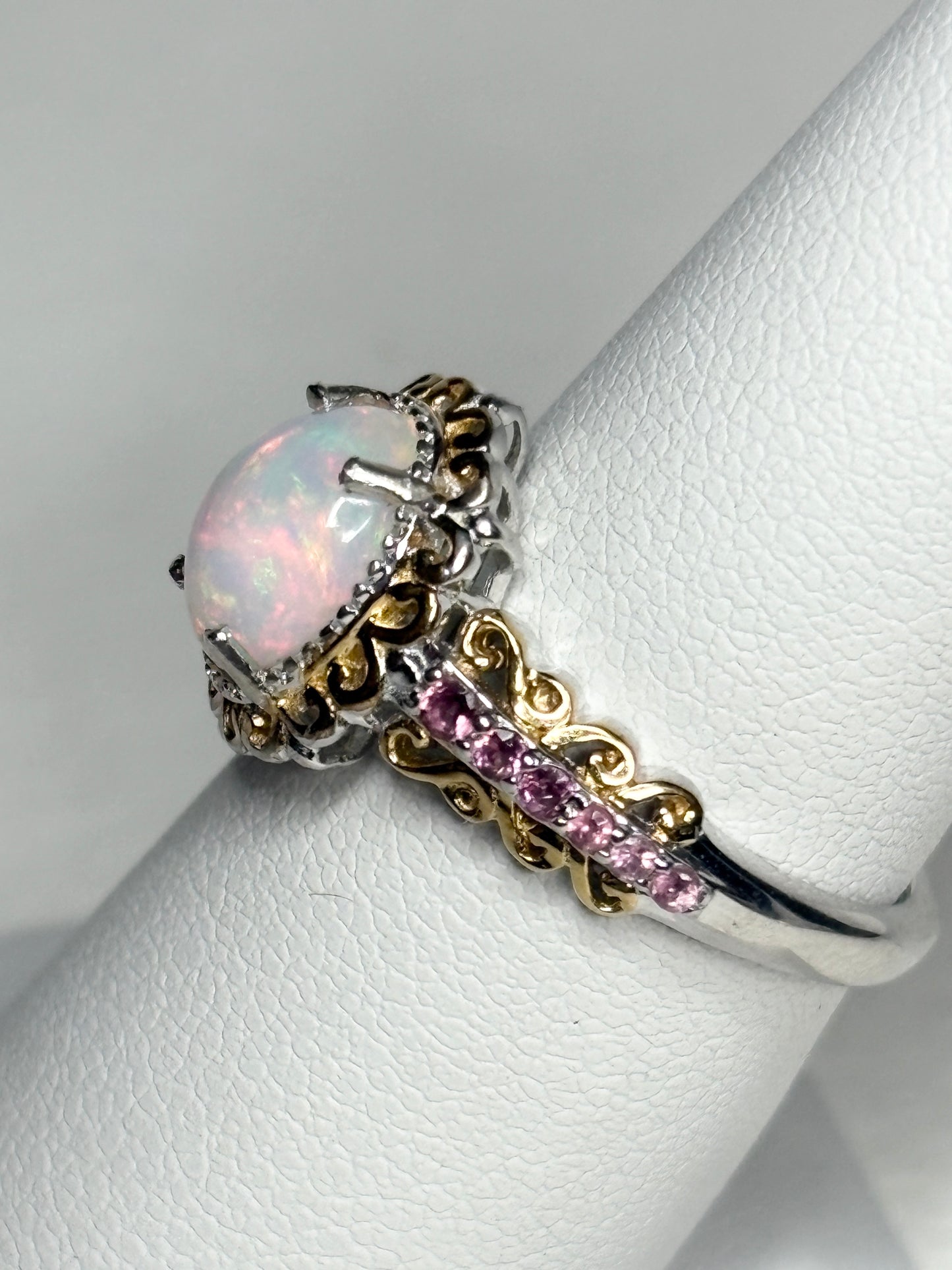 Ethiopian Wello Opal and Pink Tourmaline Ring Sterling Silver Gold Accents size 7