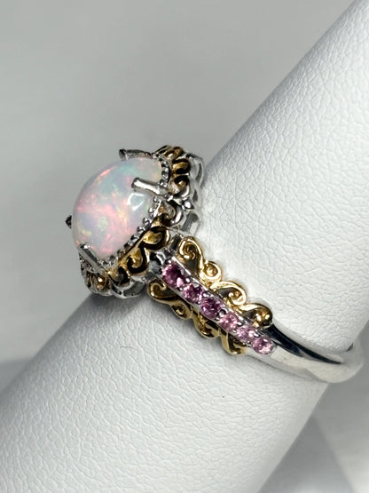 Ethiopian Wello Opal and Pink Tourmaline Ring Sterling Silver Gold Accents size 7