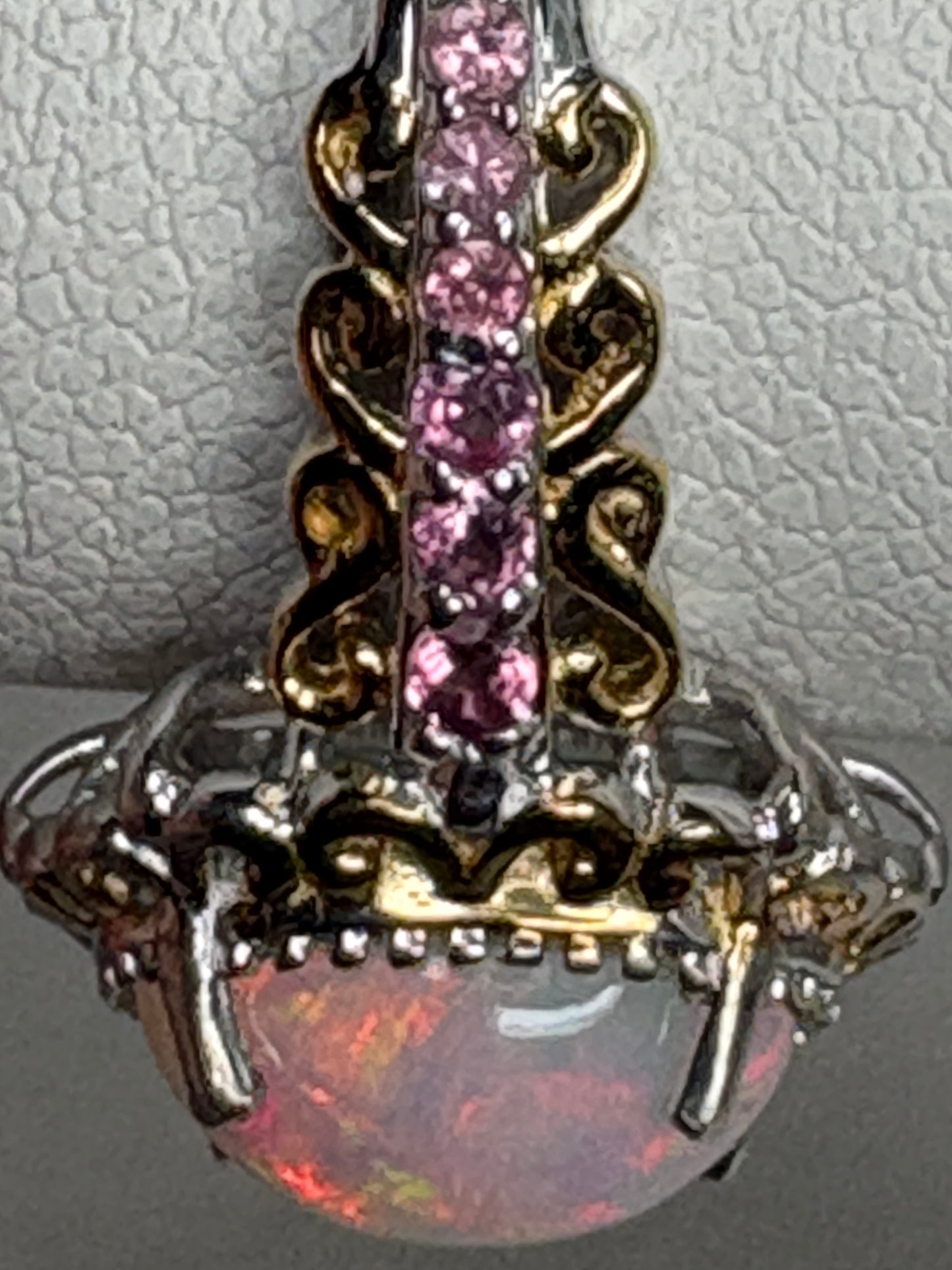 Ethiopian Wello Opal and Pink Tourmaline Ring Sterling Silver Gold Accents size 7
