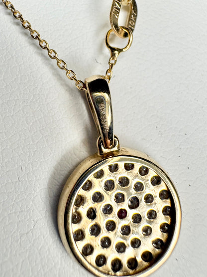 Diamond and Pink Sapphire DIsc Pendant Necklace 9k Gold with 10k Gold Chain 18" .37ctw
