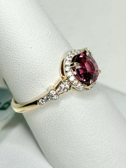 Malawi Rhodolite Garnet and Zircon Halo Ring 9k Gold size 8