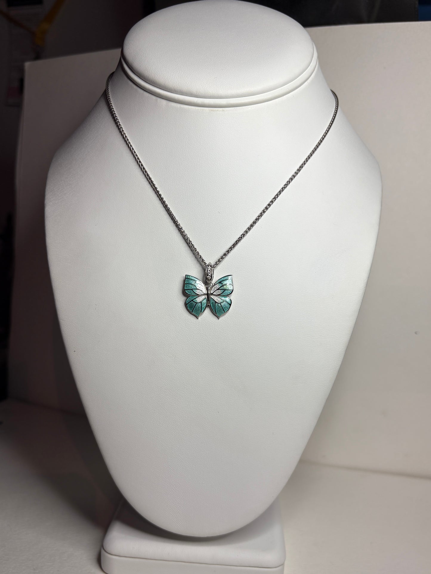 Nicole Barr Enameled Aqua Butterfly and Diamond Pendant Necklace in Adjustable Sterling Silver