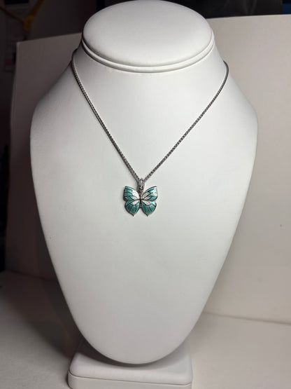 Nicole Barr Enameled Aqua Butterfly and Diamond Pendant Necklace in Adjustable Sterling Silver