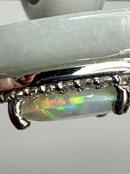 Type A Burmese Jadeite Jade Ethiopian Opal Trillion Halo Ring with Zircon size 7