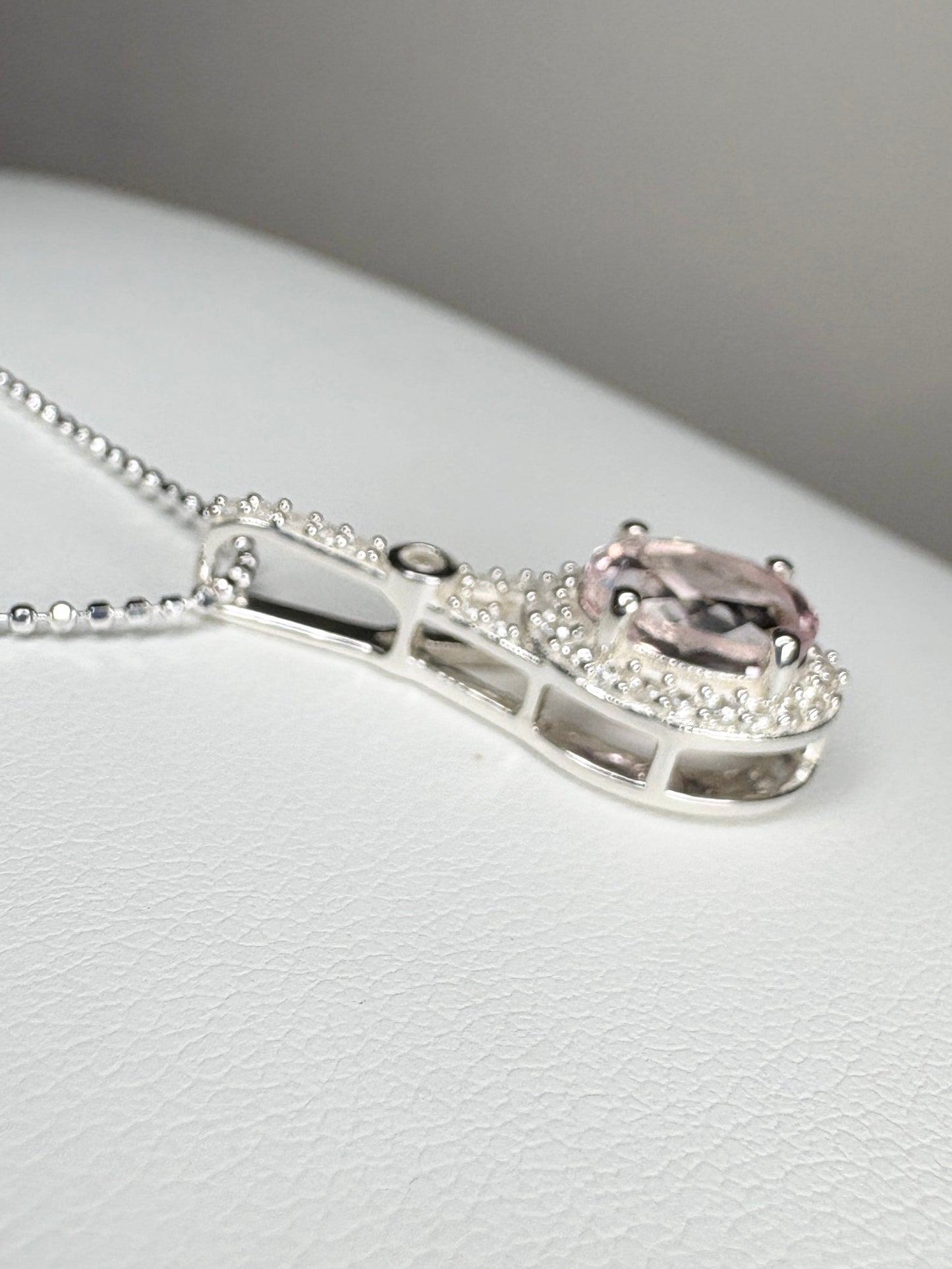 Kunzite and Zircon Halo Drop Pendant Necklace in Sterling Silver 18"