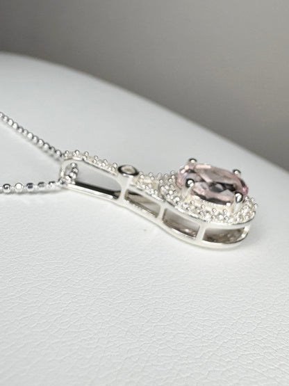 Kunzite and Zircon Halo Drop Pendant Necklace in Sterling Silver 18"