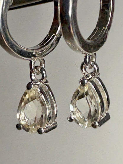 Oregon Sunstone Yellow Pear Dangle Drop Hoop Earrings Sterling Silver