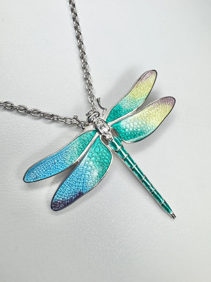 30mm Rainbow Dragonfly Necklace. Sterfling Silver-White Sapphires