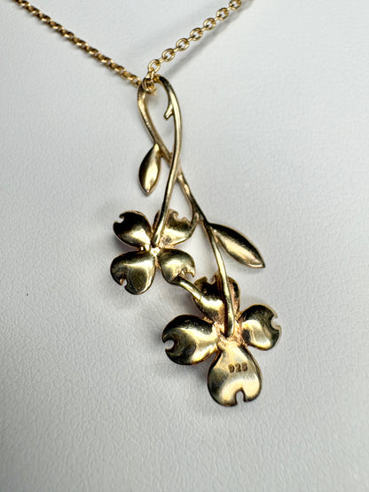 Silver.Gold Plated White Dogwood Pendant. -Diamond