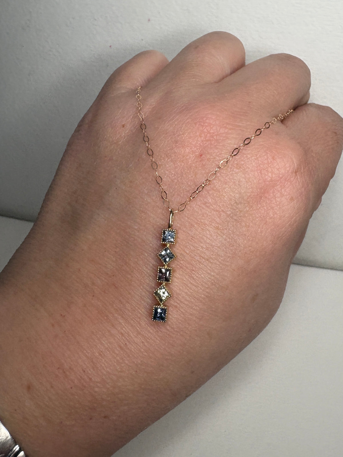 Natural Multi-Color Princess Cut Sapphire Bar Pendant Necklace in 9k Gold 18"