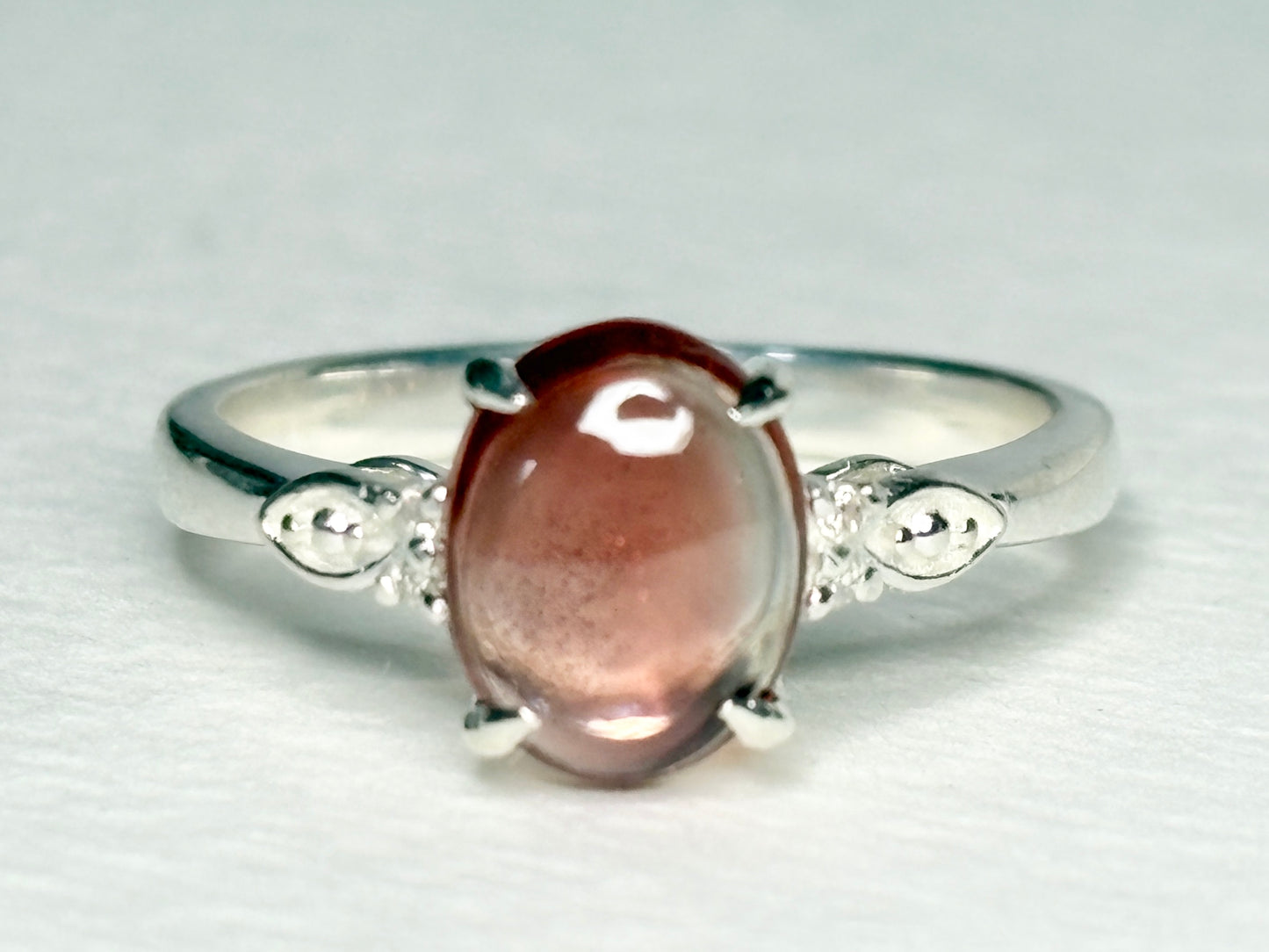 Red Oregon Sunstone Cabochon Ring with Natural Diamonds in Sterling Silver size 7