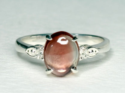 Red Oregon Sunstone Cabochon Ring with Natural Diamonds in Sterling Silver size 7