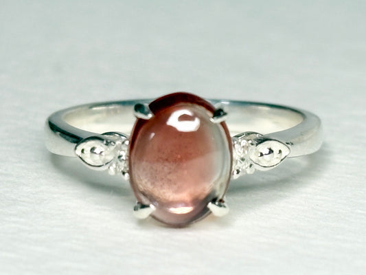 Red Oregon Sunstone Cabochon Ring with Natural Diamonds in Sterling Silver size 7