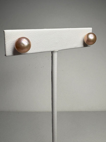 Pink Peach Naturally Colored Cultured Freshwater Pearl Stud Earrings in Sterling Silver 8.5mm