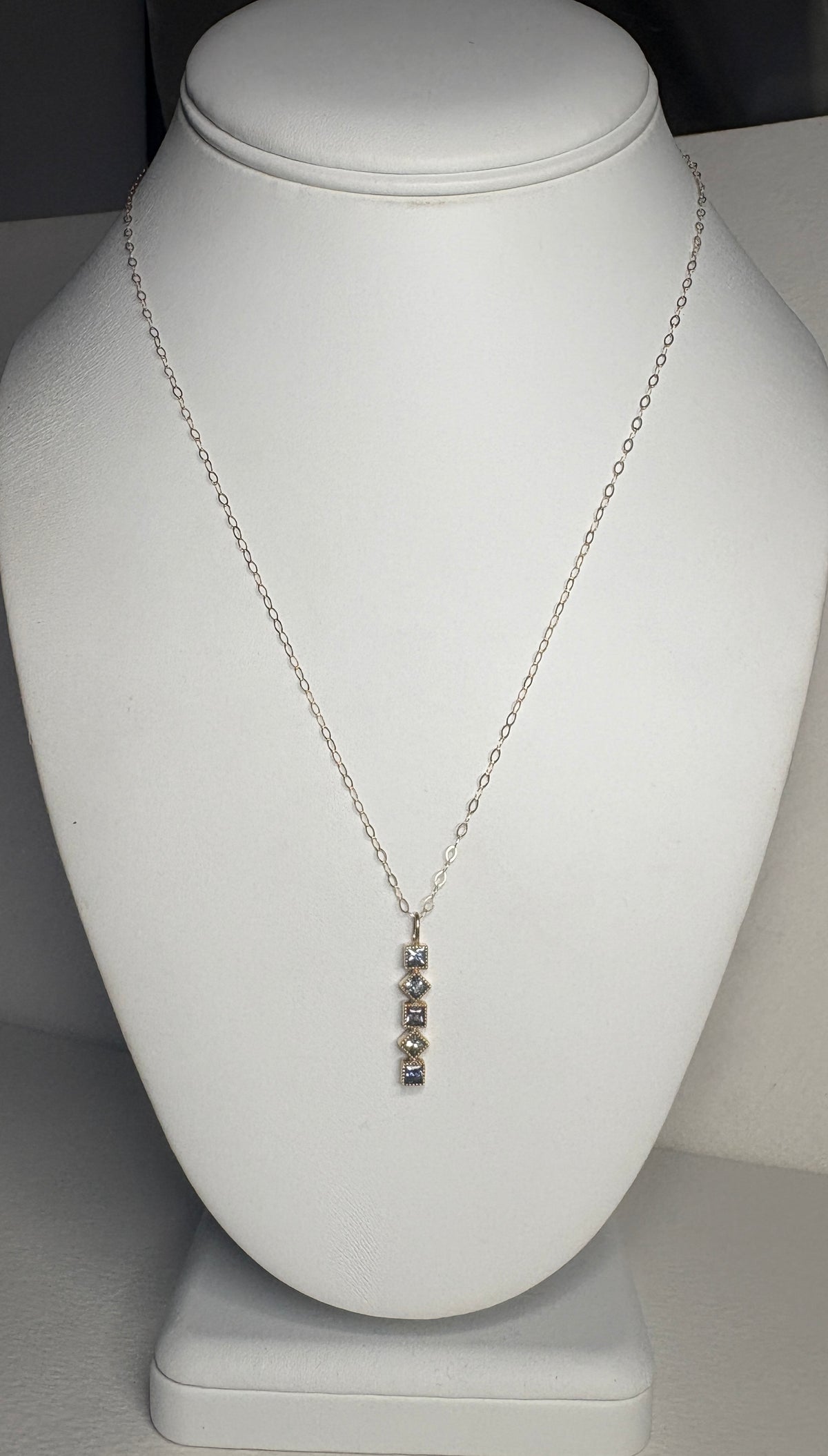 Natural Multi-Color Princess Cut Sapphire Bar Pendant Necklace in 9k Gold 18"