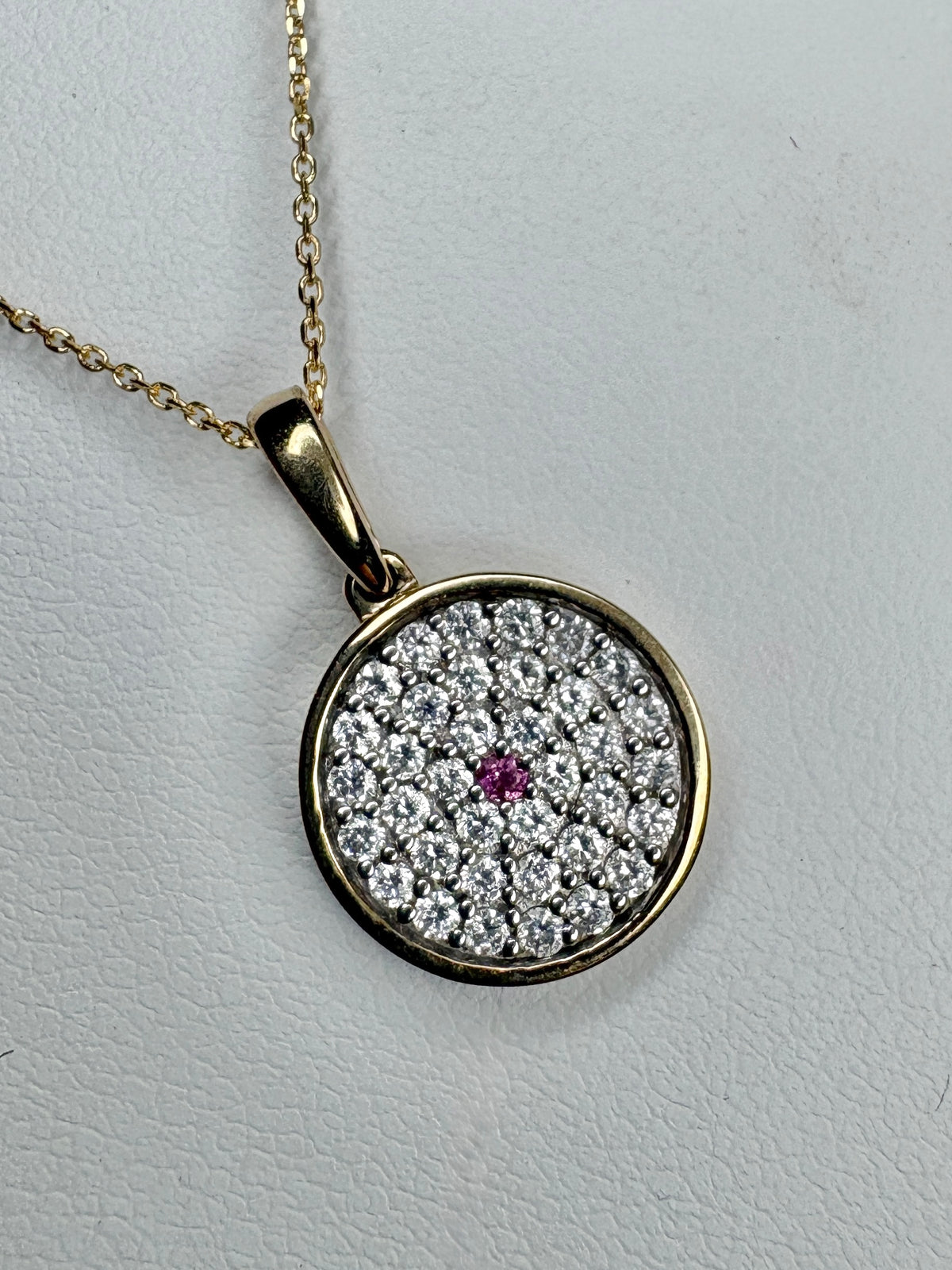 Diamond and Pink Sapphire DIsc Pendant Necklace 9k Gold with 10k Gold Chain 18" .37ctw