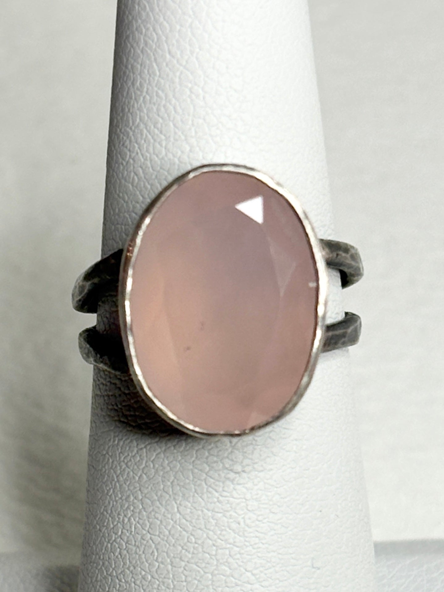 Custom Rose Quartz Ring in Oxidized Sterling Silver Bezel size 5.75