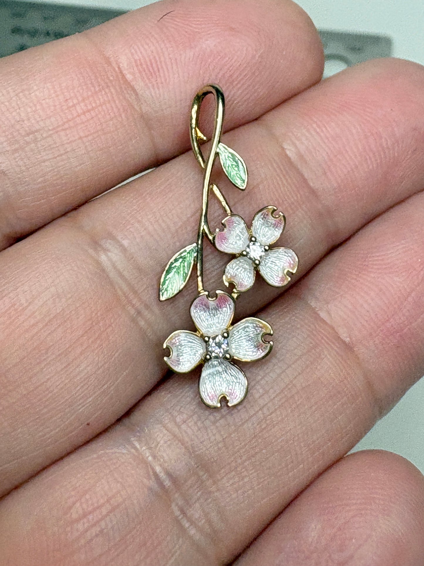 Silver.Gold Plated White Dogwood Pendant. -Diamond