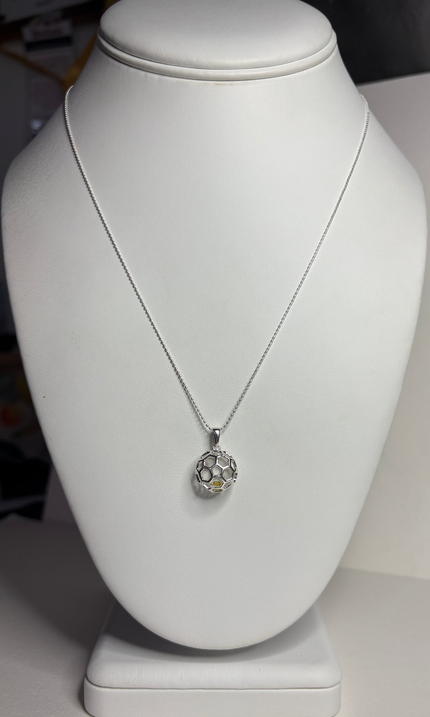 Natural Yellow Diamond in Honey Comb Cage Sterling SIlver Pendant Necklace 18"