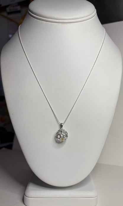 Natural Yellow Diamond in Honey Comb Cage Sterling SIlver Pendant Necklace 18"