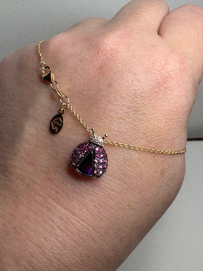 Effy Ladybug Amethyst Diamond Ruby and Pink Sapphire Pendant Necklace Adjustable 18" Solid 14k
