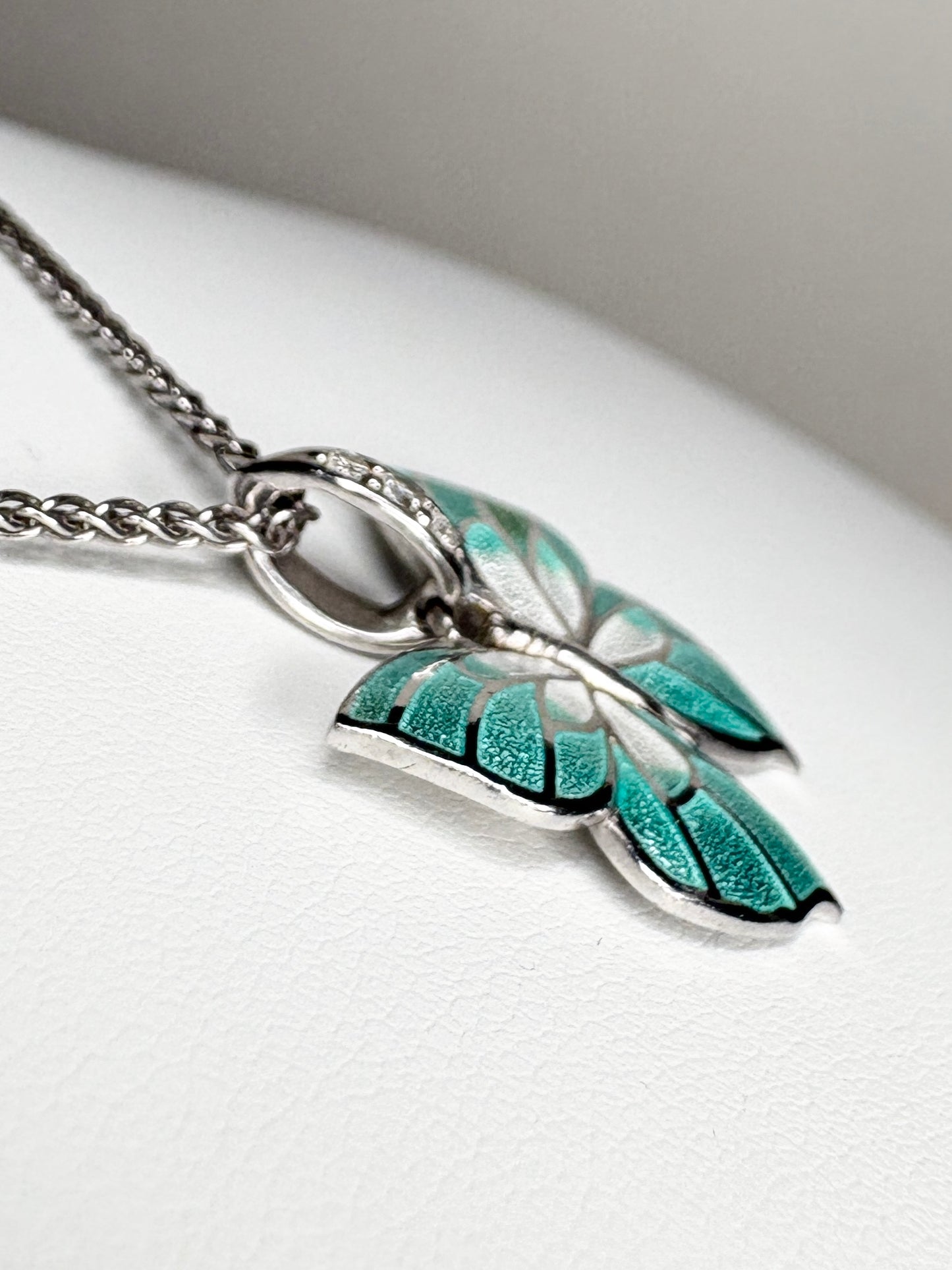 Nicole Barr Enameled Aqua Butterfly and Diamond Pendant Necklace in Adjustable Sterling Silver