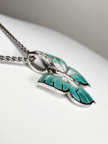 Nicole Barr Enameled Aqua Butterfly and Diamond Pendant Necklace in Adjustable Sterling Silver