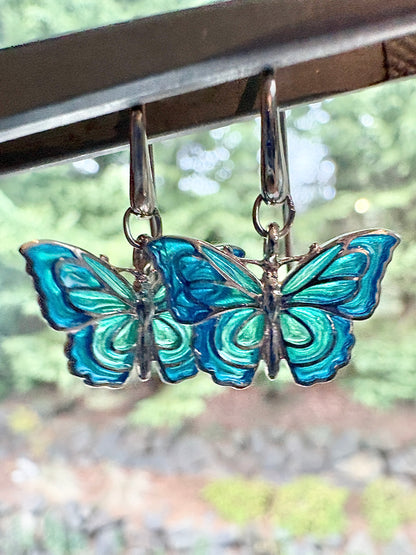 Blue Plique-a-Jour Butterfly Wire Earrings. Sterling Silver