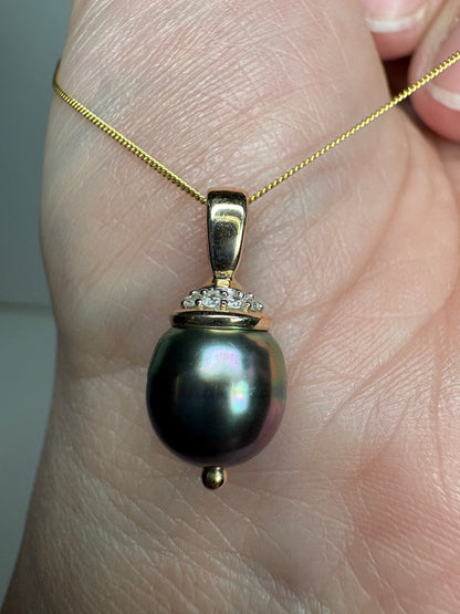Tahitian Pearl with Zircon Pendant Necklace in Solid 9K Gold 18"