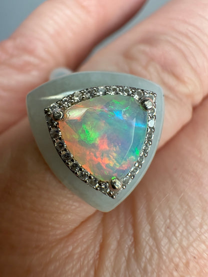 Type A Burmese Jadeite Jade Ethiopian Opal Trillion Halo Ring with Zircon size 7