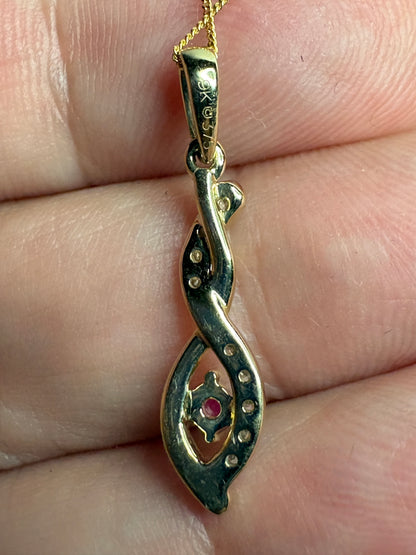 Greenland Ruby and Canadian Diavik Diamond Pendant Necklace Solid 9k Gold 18"