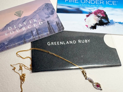 Greenland Ruby and Canadian Diavik Diamond Pendant Necklace Solid 9k Gold 18"