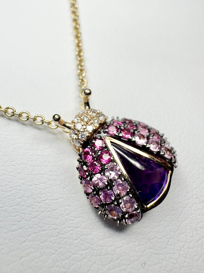 Effy Ladybug Amethyst Diamond Ruby and Pink Sapphire Pendant Necklace Adjustable 18" Solid 14k